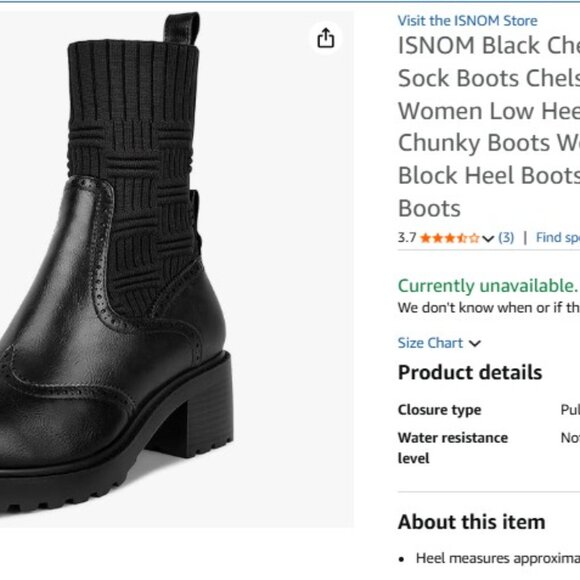 ISNOM Black Chelsea Boots for Women Sock Boots  7.5US - Picture 2 of 6